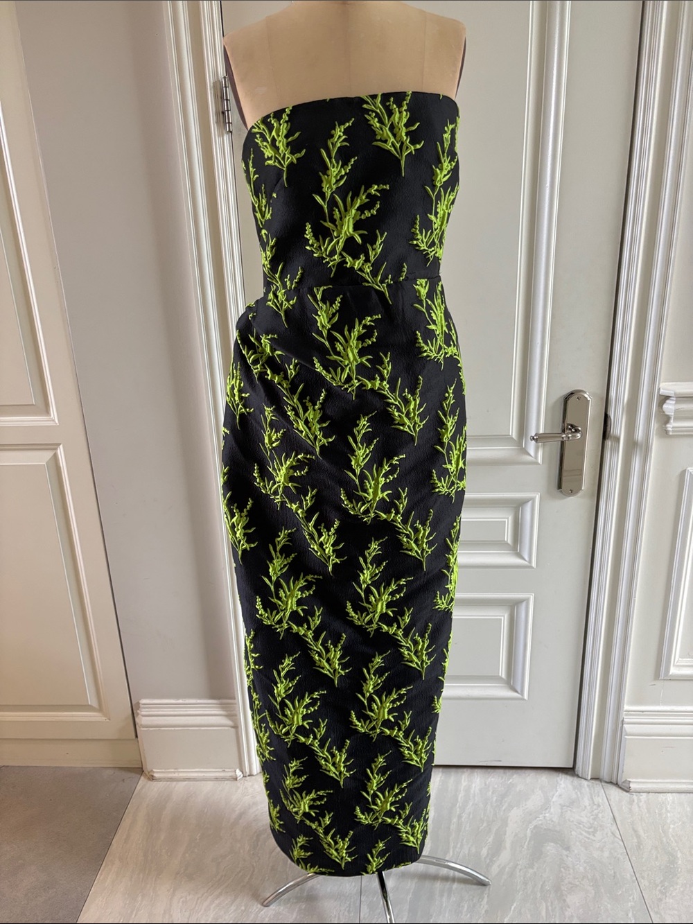 Oscar de la Renta Black Strapless Dress with Neon Green Embroidery